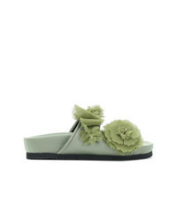 Olive Floral Leather Flat Sandals