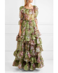 Dolce & Gabbana Ruffled Tiered Floral Print Silk Chiffon Gown