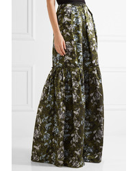 Erdem Amanda Tiered Floral Jacquard Maxi Skirt Dark Green