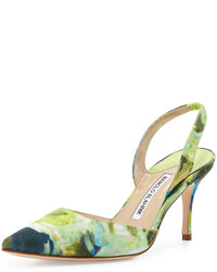 Manolo Blahnik Carolyne Mid Heel Fabric Halter Pump Green Floral