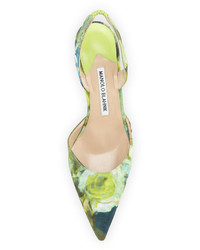 Manolo Blahnik Carolyne Mid Heel Fabric Halter Pump Green Floral