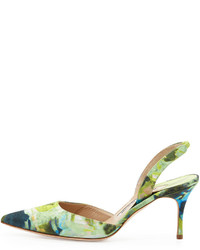 Manolo Blahnik Carolyne Mid Heel Fabric Halter Pump Green Floral