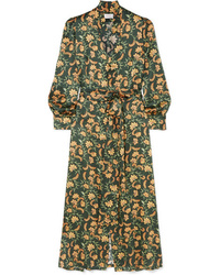 Olive Floral Silk Midi Dress
