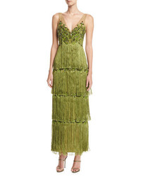 Marchesa Notte Sleeveless Tiered Fringe Gown W Beaded Bodice