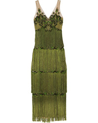 Marchesa Notte Embellished Fringed Tulle Gown Green
