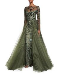 Monique Lhuillier Geometric Beaded Long Sleeve Cape Gown Forest Green