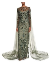 Monique Lhuillier Geometric Beaded Long Sleeve Cape Gown Forest Green