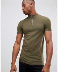ASOS DESIGN Muscle Fit T Shirt With Zip Turtle Neck In Khaki