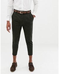 Twisted Tailor Tapered Fit Trouser With Pleat In Khaki Herringbone