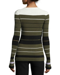 Opening Ceremony Striped Ribbed Crewneck Pullover Sweater Olive