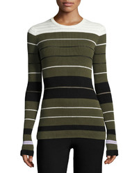 Opening Ceremony Striped Ribbed Crewneck Pullover Sweater Olive