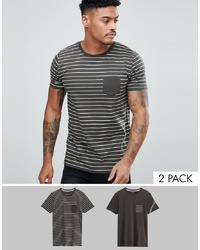 Brave Soul 2 Pack Stripe And Plain T Shirt