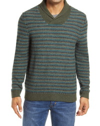Olive Horizontal Striped Shawl-Neck Sweater