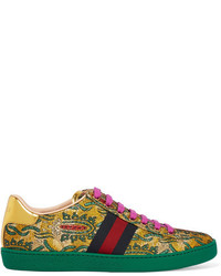 Gucci Ace Metallic Leather Trimmed Brocade Sneakers Green