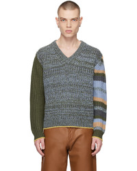 Olive Horizontal Striped V-neck Sweater
