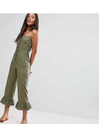 Asos Tall Asos Design Tall Cotton Frill Hem Jumpsuit With Square Neck And Button Detail