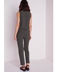 Missguided Sleeveless Zip Front Jumpsuit Khaki