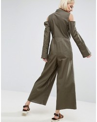 Asos Shirt Jumpsuit With Tie Front Detail And Cold Shoulder