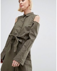 Asos Shirt Jumpsuit With Tie Front Detail And Cold Shoulder