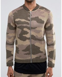 Asos Knitted Camo Bomber Jacket In Fluffy Yarn