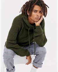 Bershka Knitted Jumper In Green With Shawl Neck