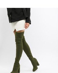 Olive Knit Suede Over The Knee Boots