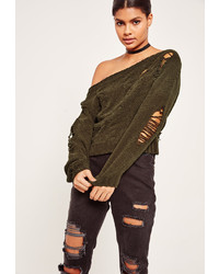 Missguided Khaki Distressed Cable Off Shoulder Sweater