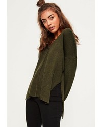 Missguided Khaki Slouchy Side Split Knit Sweater
