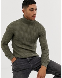 ASOS DESIGN Muscle Fit Cable Roll Neck Jumper In Khaki