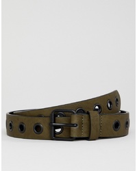 ASOS DESIGN Faux Leather Slim Belt In Khaki With Eyelets
