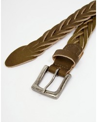 Asos Skinny Plaited Belt In Khaki Leather