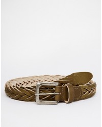 Asos Skinny Plaited Belt In Khaki Leather