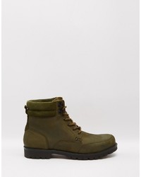 Asos Brand Lace Up Boots In Khaki Leather Nubuck