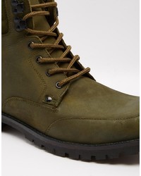 Asos Brand Lace Up Boots In Khaki Leather Nubuck