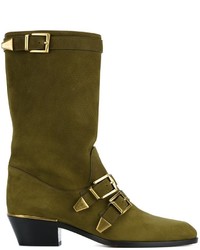 Olive Leather Mid-Calf Boots