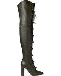 Olive Leather Over The Knee Boots