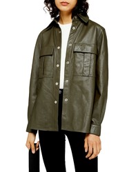 Olive Leather Shirt Jacket