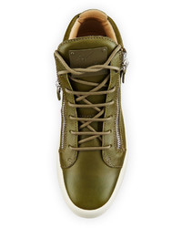 Giuseppe Zanotti X Zayn Leather Double Zip Mid Top Sneaker Olive