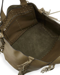 Valentino Crockee Leather Fringe Tote Bag Olive