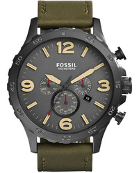Fossil Chronograph Nate Olive Leather Strap Watch 50mm Jr1476