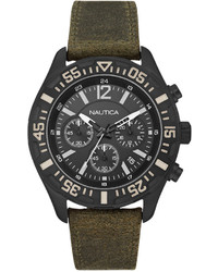 Nautica Chronograph Olive Leather Strap Watch 45mm N18719g