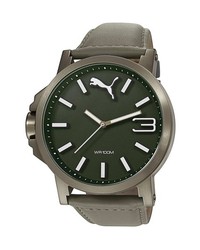 Puma Ultrasize Round Leather Strap Watch 50mm Grey Olive Green