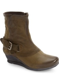 Olive Leather Wedge Ankle Boots