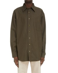 Acne Studios Cotton Linen Twill Button Up Shirt In Dark Olive At Nordstrom