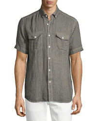 Neiman Marcus Linen Short Sleeve Shirt Brown