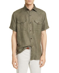 Eleventy Safari Slim Fit Short Sleeve Linen Button Up Shirt