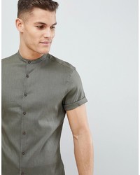 ASOS DESIGN Slim Fit Linen Mix Shirt With Grandad Collar In Khaki