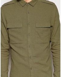 Asos Brand Khaki Military Shirt In Regular Fit Linen Mix With Long Sleeves