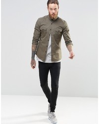 Asos Brand Skinny Military Shirt In Khaki With Long Sleeves