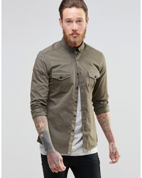 Asos Brand Skinny Military Shirt In Khaki With Long Sleeves